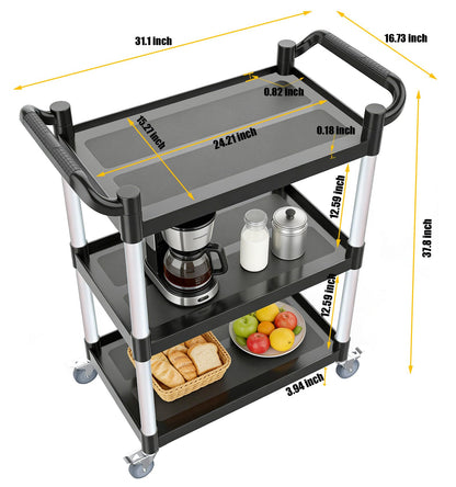 17Tek 3-Tier Rolling Utility Cart with Wheels,4 Lockable Casters, Plastic Service Cart with 510lbs Capacity, Commercial Service Cart on Wheels for Restaurant/Office/Warehouse/Kitchen/School, Black
