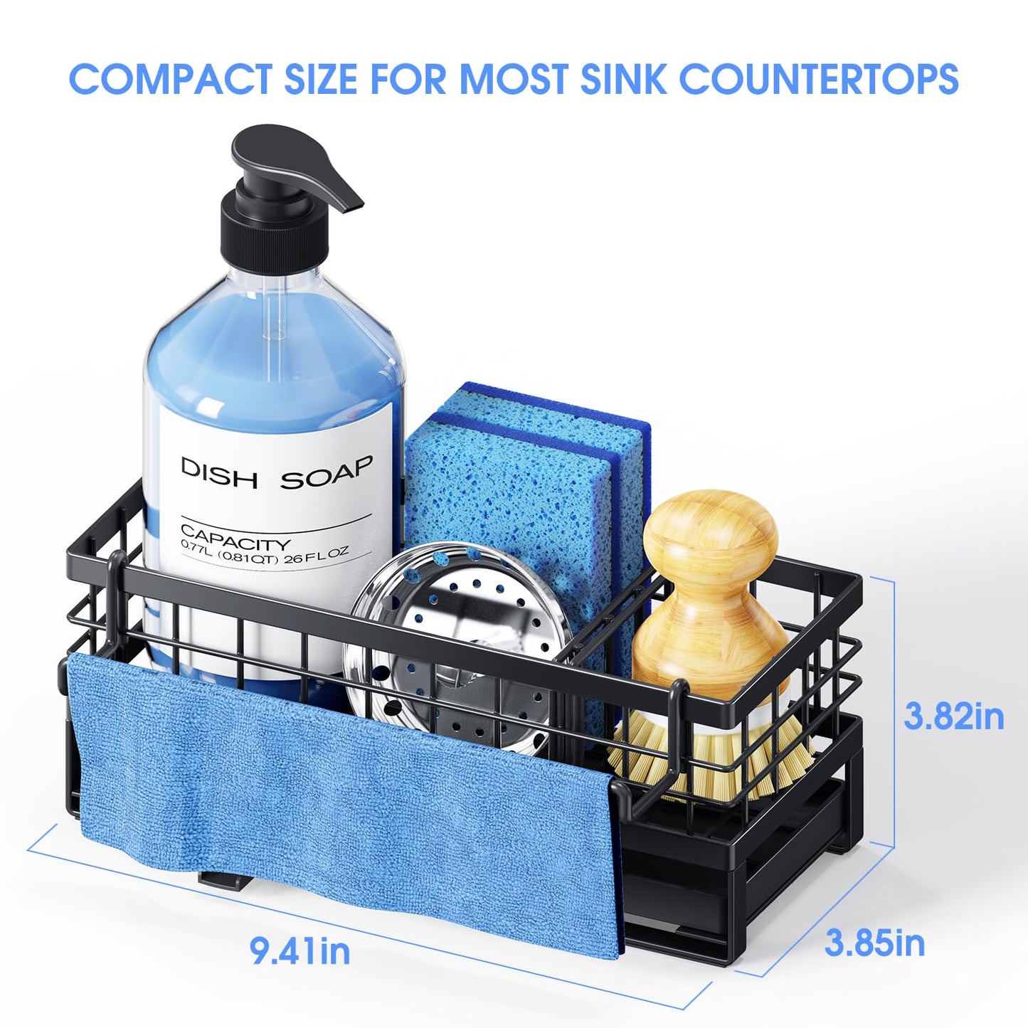 DYFVREN Kitchen Sink Sponge Holder, Rustproof Non-Slip Self-Draining Metal Sink Caddy with Detachable Dish Cloth Holder (Black)