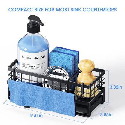 DYFVREN Kitchen Sink Sponge Holder, Rustproof Non-Slip Self-Draining Metal Sink Caddy with Detachable Dish Cloth Holder (Black)