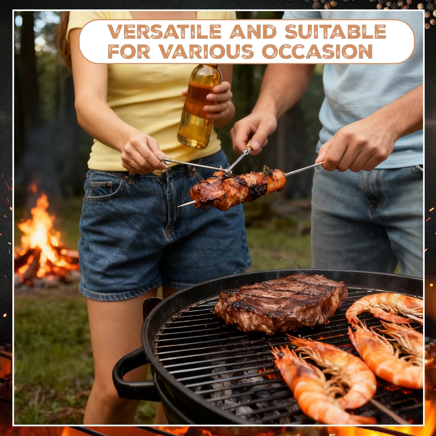 Sawysine 16 Pcs 23.6" Stainless Steel Flat Skewers Bulk with Wooden Handle Large Heavy Duty Reusable Kabob Stick BBQ Barbecue Skewer for Grilling Meat Vegetables Outdoor Indoor Cooking