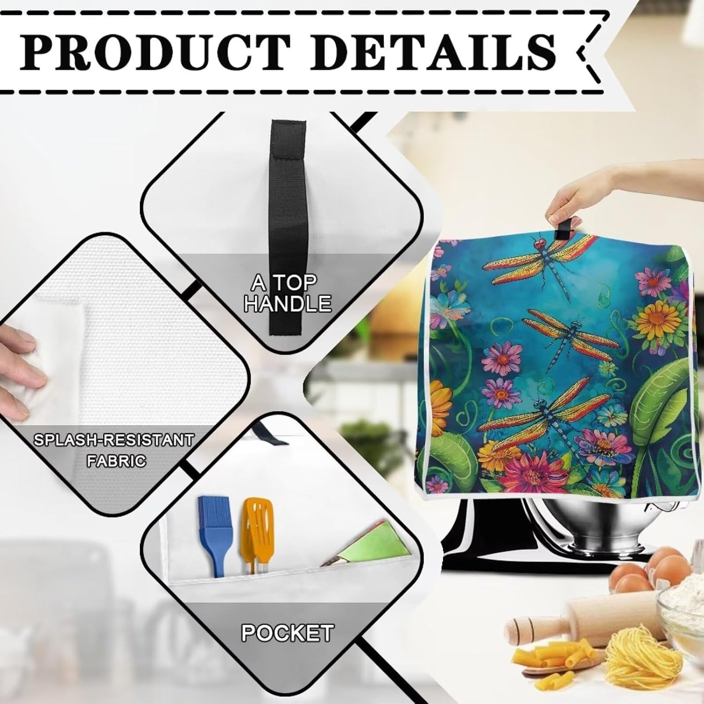 Dragonfly Stand Mixer Cover for Kitchen Aid Mixers, Accessories with Pockets, Suitable for Kitchen Mixer Cover