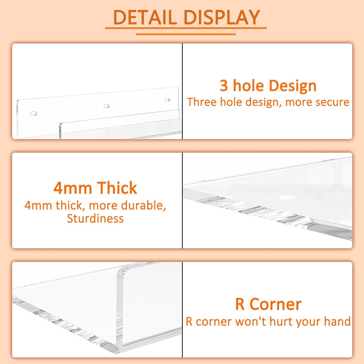 18'' 2 Pack, Clear Acrylic Bookshelf Acrylic Floating Book Shelves, Wall Mounting Invisible Ledge Book Shelf