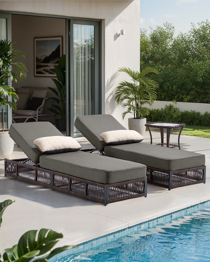 ACTREST Luxury Outdoor Chaise Lounge with 5 Inch Thickened Cushion - 1 Set High Back Brown Wicker Patio Recliner Rattan Reclining Chairs Porch Poolside Pool Sunbathing Lounger - Grey