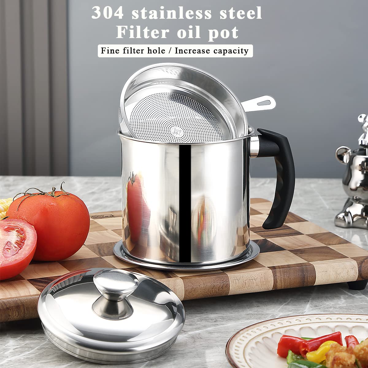 Berglander Bacon Grease Container With Strainer 47oz/1.4L, Stainless Steel Oil Storage Container with Fine Mesh Strainer Dust-proof for Storing Frying Oil and Cooking Fat, Cooker Accessories