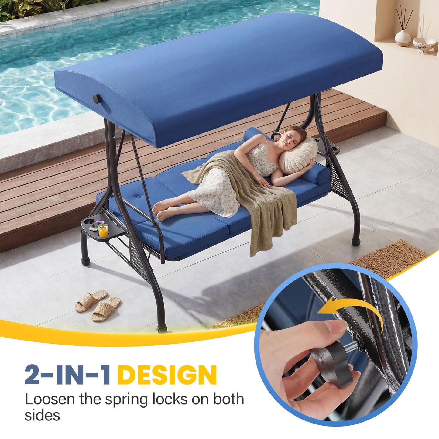 3-Seat Outdoor Porch Swing with Adjustable Canopy, Convertible 2-in-1 Patio Swing & Bed with Thick Cushions, Pillows & Cup Holders for Porch, Backyard & Garden (Blue)