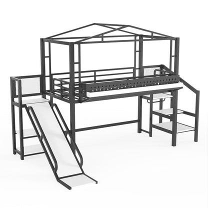 Bellemave Twin Size Metal House Loft Bed with Slide and Stairs,Heavy Duty Playhouse Loft Bed Frame with Shelves,LED Lights and Charging Station for Kids,Teens,Adults,Black