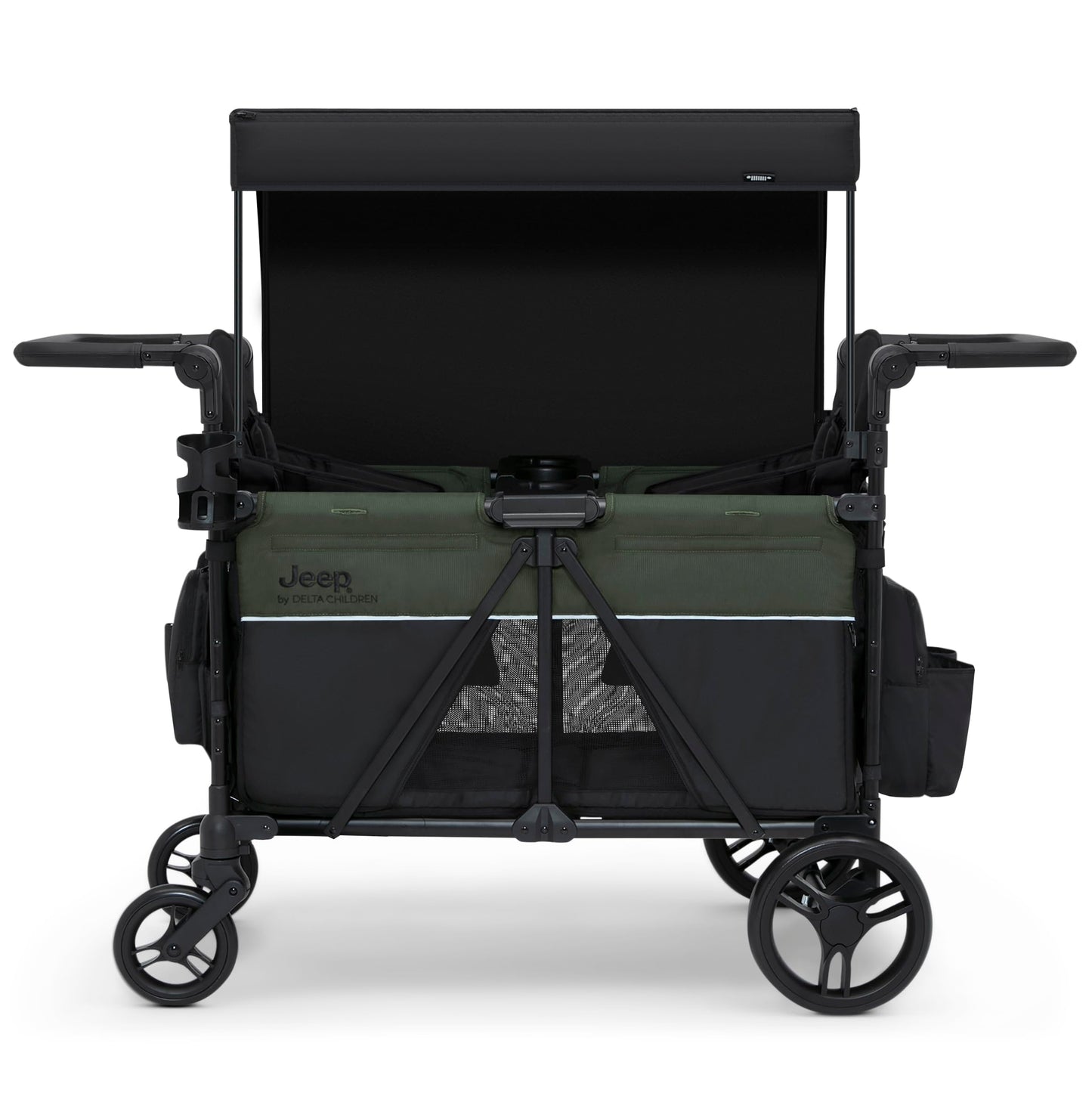 Jeep Aries Stroller Wagon by Delta Children Premium Wagon for 2 Kids with Convertible Seats, Adjustable Push/Pull Handles, Removable Canopy & Flat Fold - Greenguard Gold Certified, Black/Green