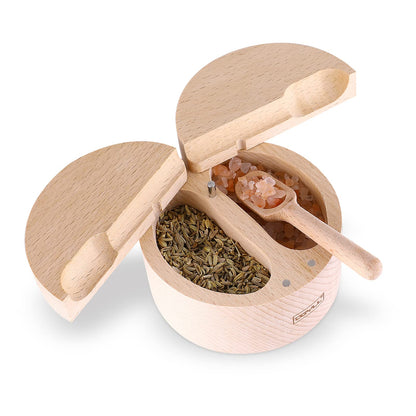 DGYLL Wooden Divided Salt Cellar With Lid And Spoon,Salt Box With 2 Compartment,Salt container with Magnetic Swivel lid, Beech Wood