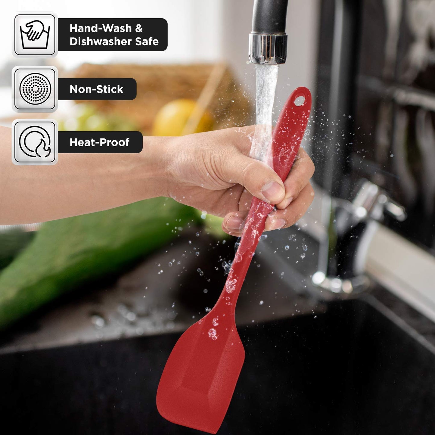 ORBLUE Silicone Cooking Utensil Set, 14-Piece Kitchen Utensils with Holder, Safe Food-Grade Silicone Heads and Stainless Steel Handles with Heat-Proof Silicone Handle Covers, Red