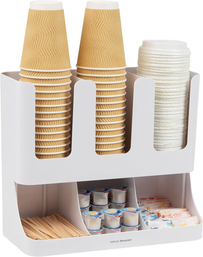 Mind Reader Cup and Condiment Station, 6-Compartment Countertop Organizer for Coffee Bar (White)