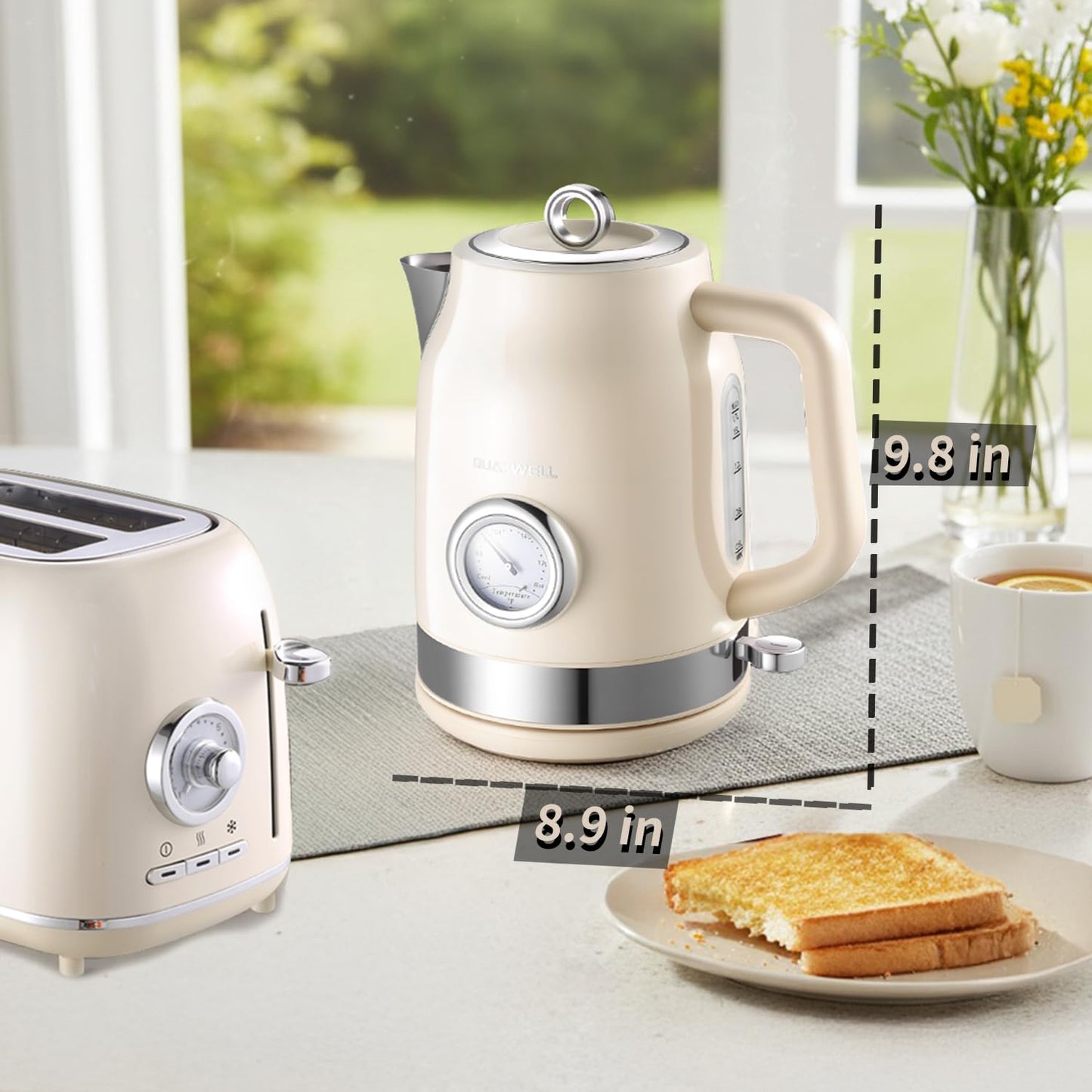 QUAXWELL Retro Electric Kettle, 1.7L 304 Stainless Steel Tea Kettle with Temperature Gauge, 1500W Fast Boiling Water Boiler,Auto Shut-Off & Boil-Dry Protection, BPA-Free, Beige