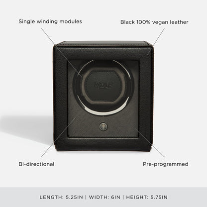 Wolf Cub Single Watch Winder with Glass Cover, Black - Secure Fit with Patented Lock-in Dynamic Cuff - Accommodates All Wrist Sizes - Vegan Leather - Includes Universal Adapter