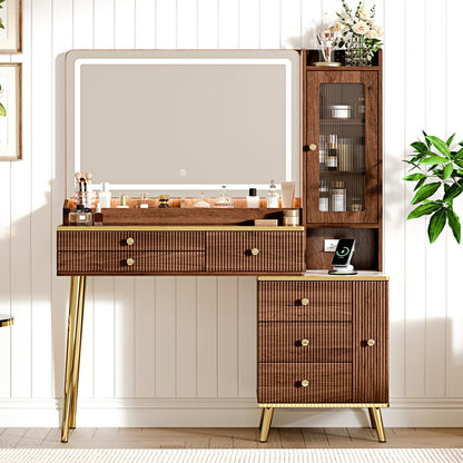 Arulvmrn Vanity Desk with 35.12" HD Lighted Mirror, 46.85" Big Modern Vanity Desk with Mirror and Lights, Makeup Vanity with 7 Drawers and Storage Shelves and Charging Station, Walnut