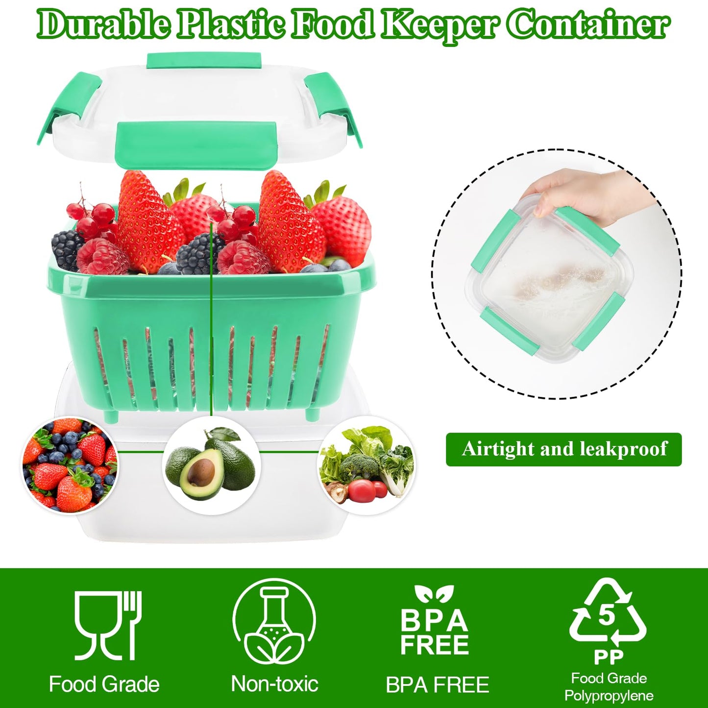 50oz Berry Keeper Fruit Storage Container for Fridge, Fresh Food Produce Saver Containers with Removable Drain Colanders, Vegetable Lettuce Keeper Bowl, Refrigerator Organizer, PRESS TO OPEN CLOSE LID