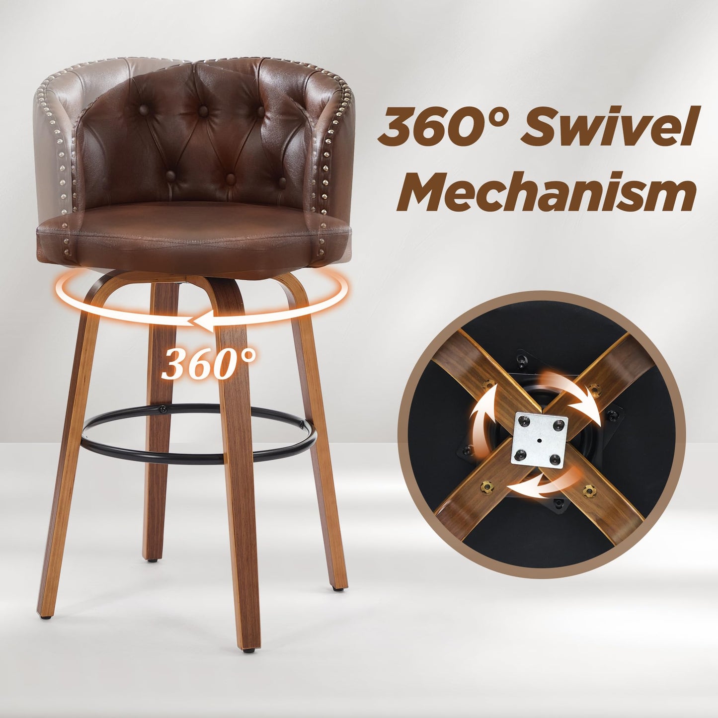 Dorlicecass 26" H Counter Height Bar Stools Set of 4，360°Swivel Bar Stools with Back,Seat Height Upholstered Counter Stools with Wood Legs and Footrest，Leather Farmhouse（Brown）