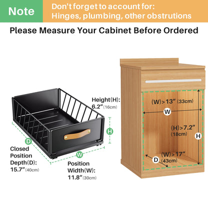 Pull out Cabinet Organizer,Heavy Duty Slide out Pantry Shelves Drawer Storage with Adhesive Nano Film,Sliding Mesh Cabinet Basket with Handle for Kitchen, Bathroom, Home, 11.8"W X 15.7"D X6.2"H,Black