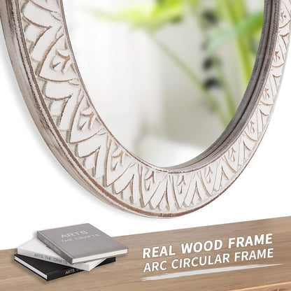 Fuxuiwy Rustic Round Wood 36 Inch Farmhouse Mirror, Wall Mount, Framed, White, Flower White, Modern & Rustic Style, Decorative Wall Mirror for Living Room, Bedroom, Entryway, Bathroom