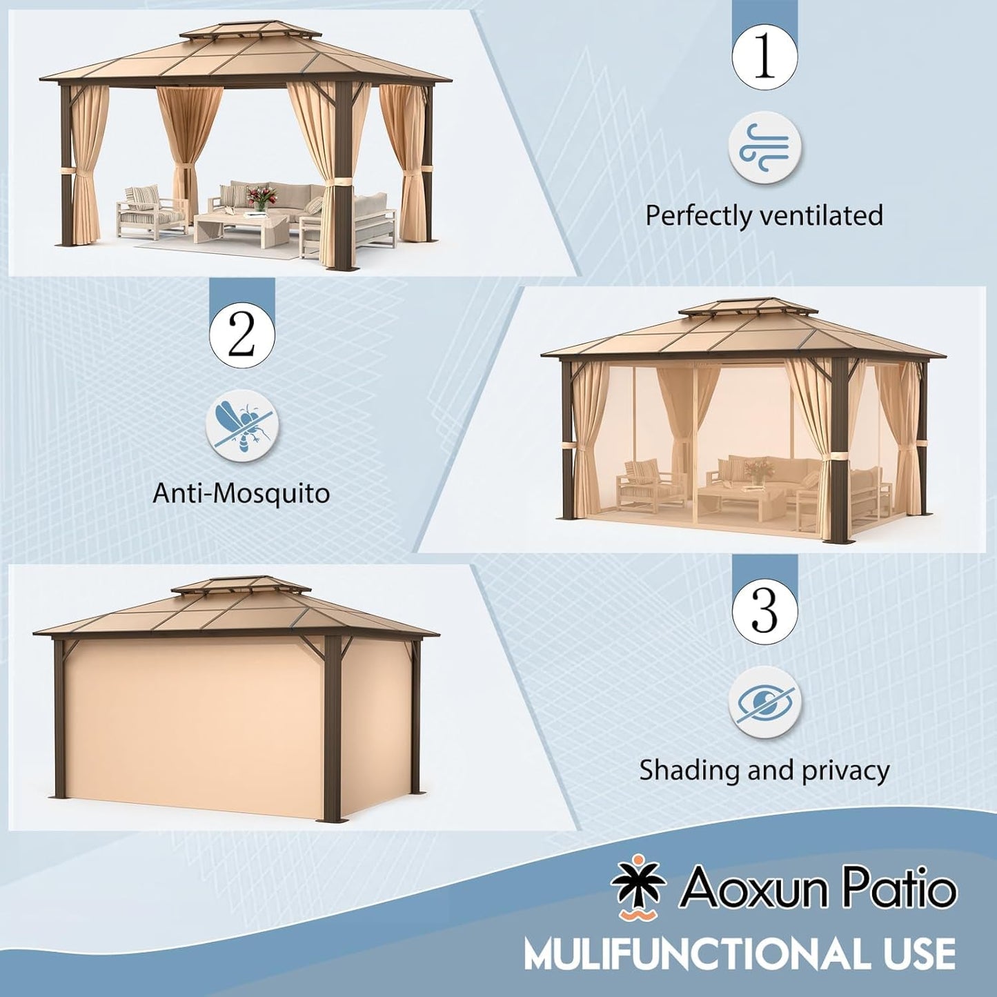 Hardtop Gazebo, Aluminum Frame Permanent Pavilion with Curtains and Netting, Outdoor Polycarbonate Gazebo, Double Roof Canopy, for Gardens, Patios, Lawns 10x12FT