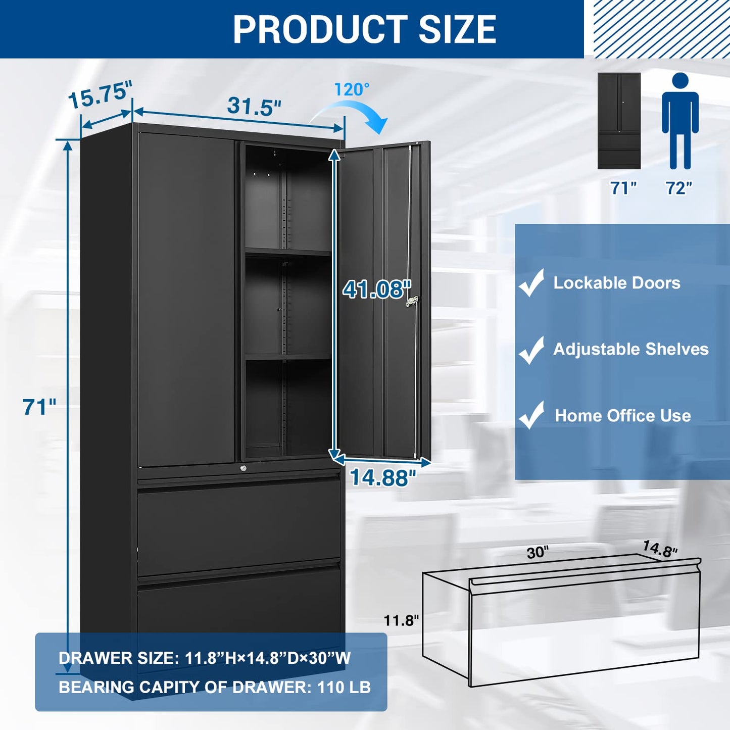 Fesbos Metal Cabinets with Lockable Drawers and Doors Lateral File Cabinets Steel Filing Lockers Book Case for Home Office Hanging Files Letter/Legal/F4/A4 Size