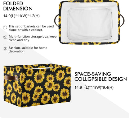 senya Large Foldable Storage Basket, Black Fabric Organizer Bag with Sunflowers and Handles 15 x 11 x 9.5 inch