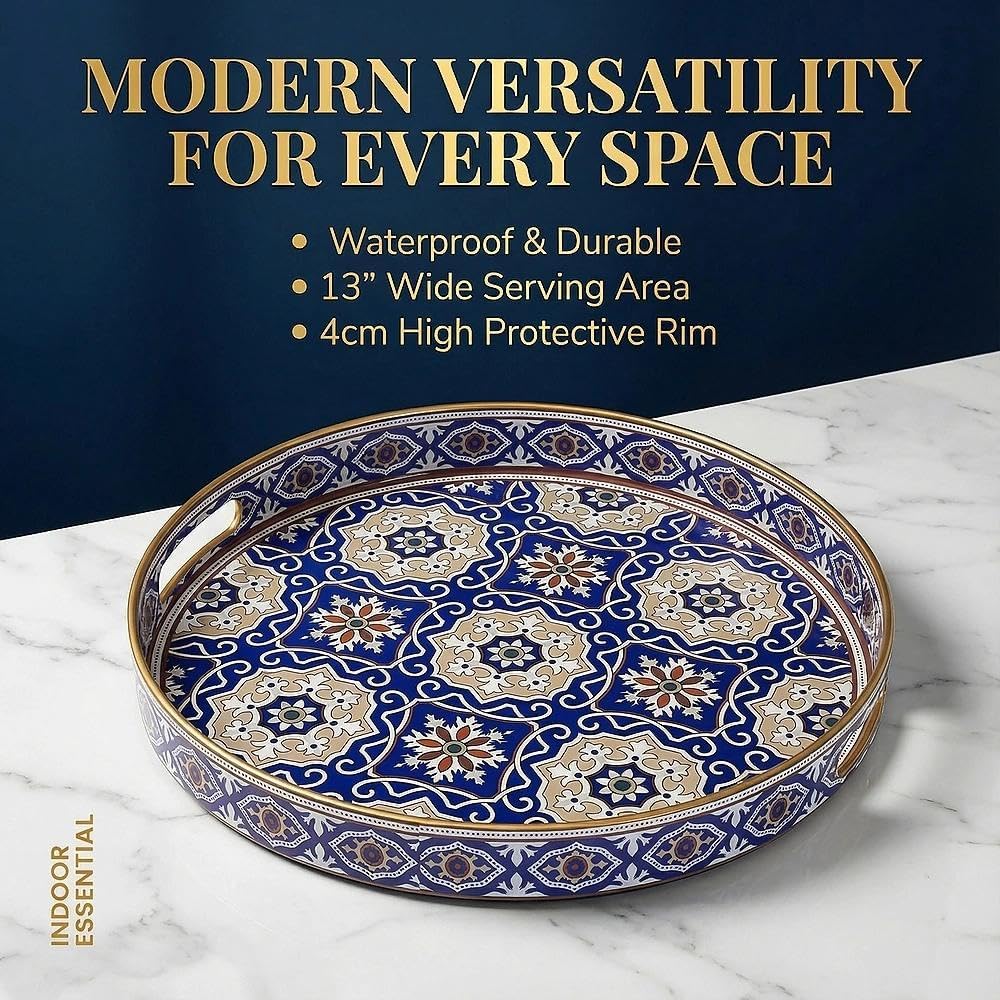 13 INCH Zosenley Round Decorative Tray, Plastic with Handles, Modern Vanity and Serving for Ottoman, Coffee Table