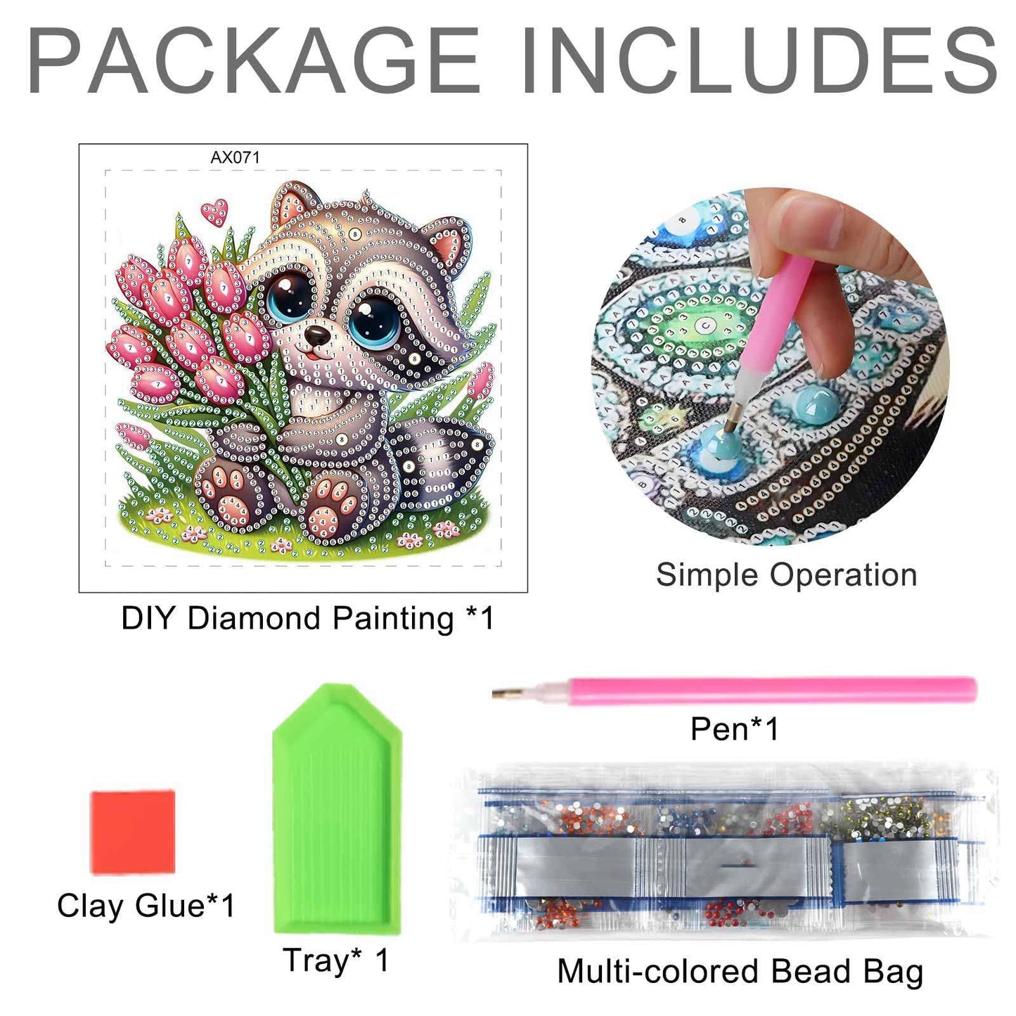 Diamond Painting Kit, 5D DIY Raccoon and tulips, Special Shape Crystal Artificial Diamond Art Partial Mosaic Handicraft for Beginners, Wall Decor Gift For Bedroom, Office, Living Room 6.7x6.7in