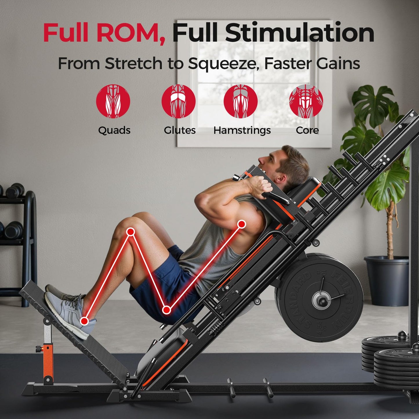 FEIERDUN 3‑in‑1 Leg Press Hack Squat Machine with Stretch Board – Adjustable Leg Press Machine for Home Gym with Full Range of Motion & Ultra-Quiet Pulley System
