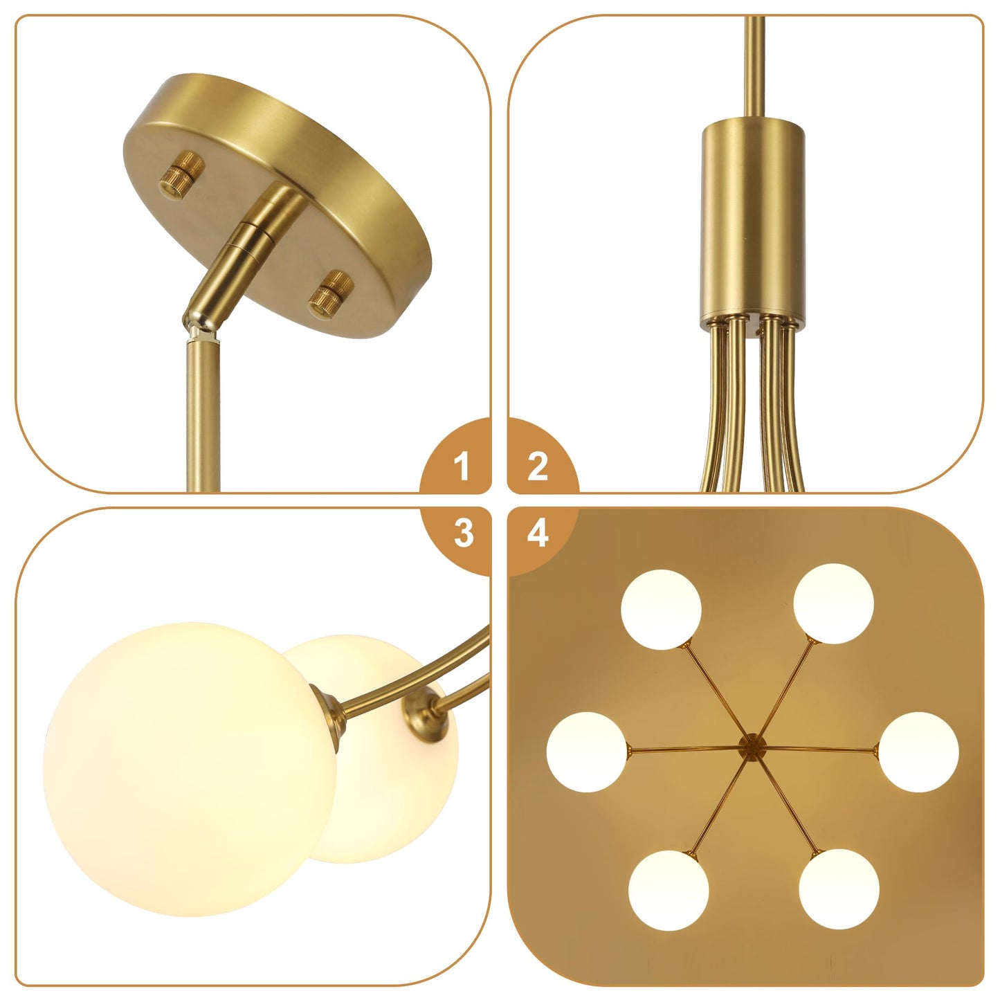 Xeruyiwa 6-Light Modern Gold Sputnik Chandelier Mid Century Brushed Brass Light Fixture with Milk Glass Globes for High Ceiling Dining Room Kitchen Island Living Room