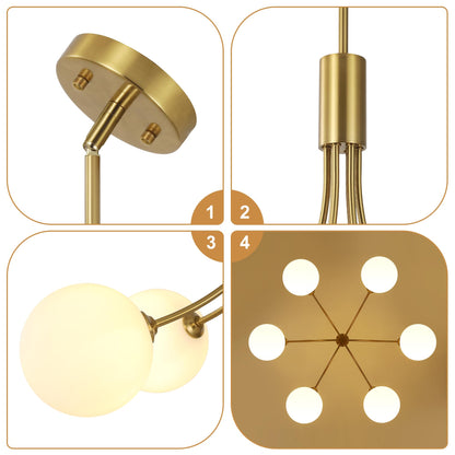 Xeruyiwa 6-Light Modern Gold Sputnik Chandelier Mid Century Brushed Brass Light Fixture with Milk Glass Globes for High Ceiling Dining Room Kitchen Island Living Room