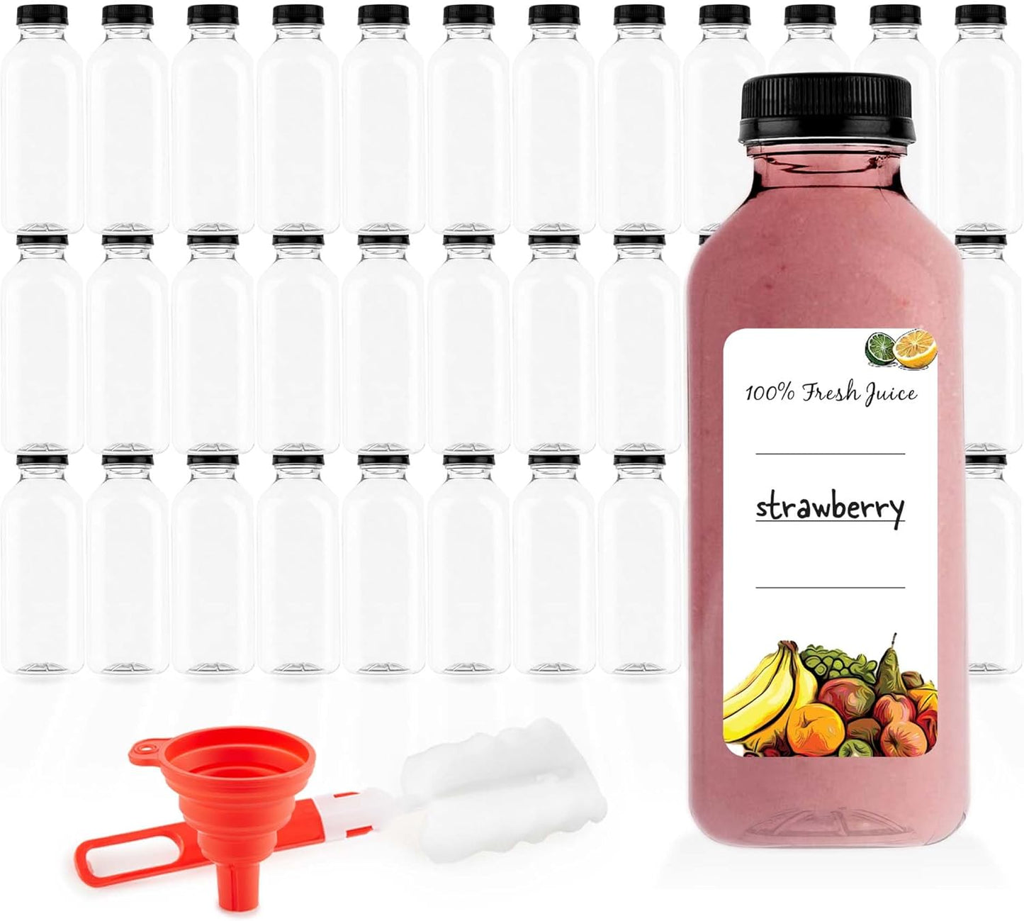 16 16 oz (35 Pack) Juice Bottles with Caps for Juicing & Smoothies, Reusable Clear Empty Plastic Bottles with Caps