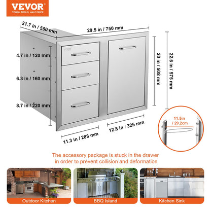 VEVOR Stainless Steel Cabinet, Outdoor Kitchen Door Drawer Combo 29.5" W x 22.6" H x 21.7" D, Access Door/Triple Drawers, Propane Drawer, Adjustable Garbage Ring, BBQ Island Patio Grill Station
