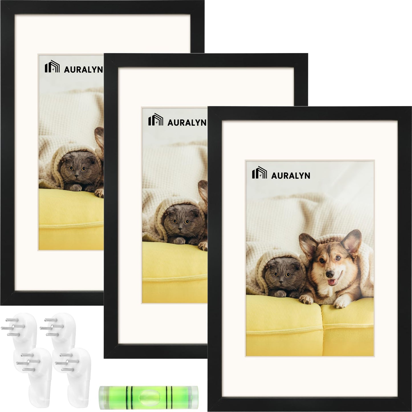 AURALYN Wall Frames 11x17 Picture Frames Set of 3 – Fits 8x12 with Mat or 11x17 Without Mat – Wood Grain, Easy to Hang, Finger-Friendly, Includes Hanging Kit (Black Frames, 3 Pack)