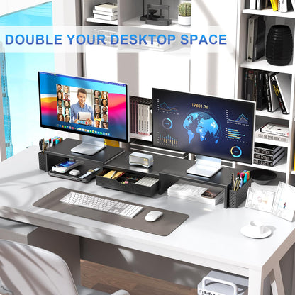 gianotter Dual Monitor Stand Riser, Desk Organizer With Drawer and 2 Pen Holders, Computer Monitor Stand, Desk Shelf for Top of Desk (Black)