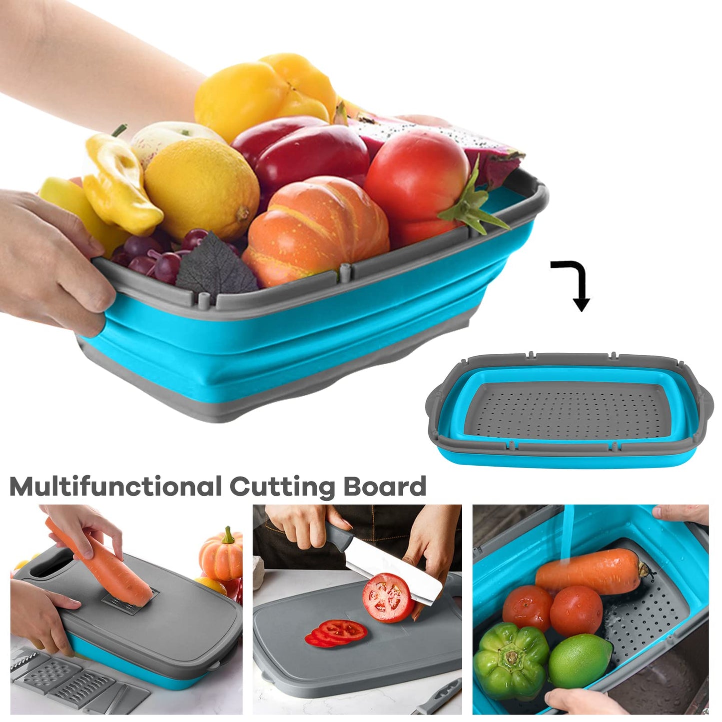 Camping Cutting Board, HI NINGER Collapsible Chopping Board with Colander, 9-In-1 Multi Chopping Board Kitchen Vegetable Washing Basket for Camper,Camping Gifts Camping Accessories for RV Campers