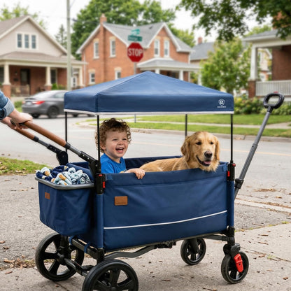 EVER ADVANCED Side-Unzip Wagon Stroller for 2 Kids, Push Pull Stroller with Adjustable Handle, Easy Access Zipper Door, 5-Point Harness Removable UV-Protection Canopy Shock-Absorbing Wheels, Blue