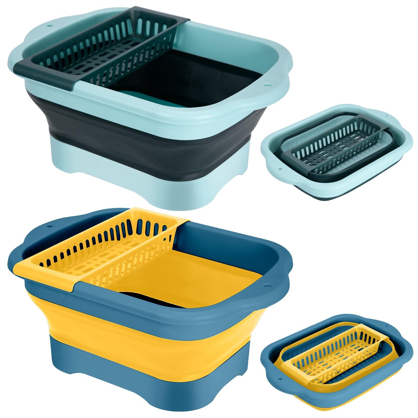 2Pack Collapsible Dish Basin with Drain Plug and Portable Sink, 11L(2.91 Gallon) Collapsible Bucket with Sink, Foldable Wash Basin for Station Campin/Camping/Rv/Kitchen (Green and Yellow)