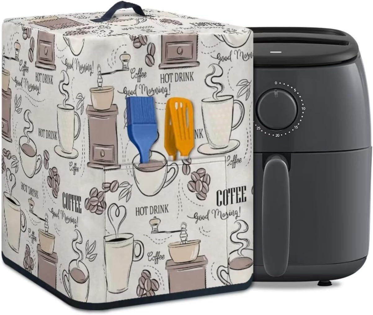Dust-Proof Air Fryer Cover, Kitchen Small Appliance Cover with Top Handle and Pockets, Washable, Coffee Beige White
