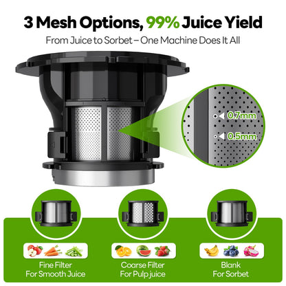 ECOSELF 3-in-1 Juicer with 3 Filters (Juice/Sorbet/Nut Milk), 6.0" Wide Mouth Hopper, Juicer Machines With Self Feeding & Hands-Free, Cold Press Juicer for Family Party, High Juice Yield, With Brush