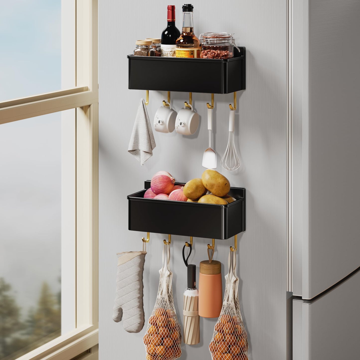 Evemlceol Magnetic Spice Rack for Refrigerator 2 Pack Large Magnet Shelf for Fridge Kitchen Storage Organization with 10 Removable Golden Hooks