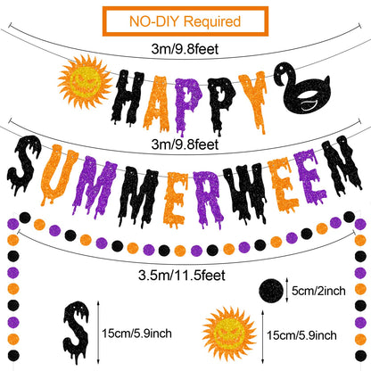 Glittery Happy Summerween Banner Summerween Hanging Swirls Decorations Circle Dots Garland Honeycomb Ball Paper Fan Set for Summer Halloween Birthday Party Halloween in Summer Ghost Party Decorations