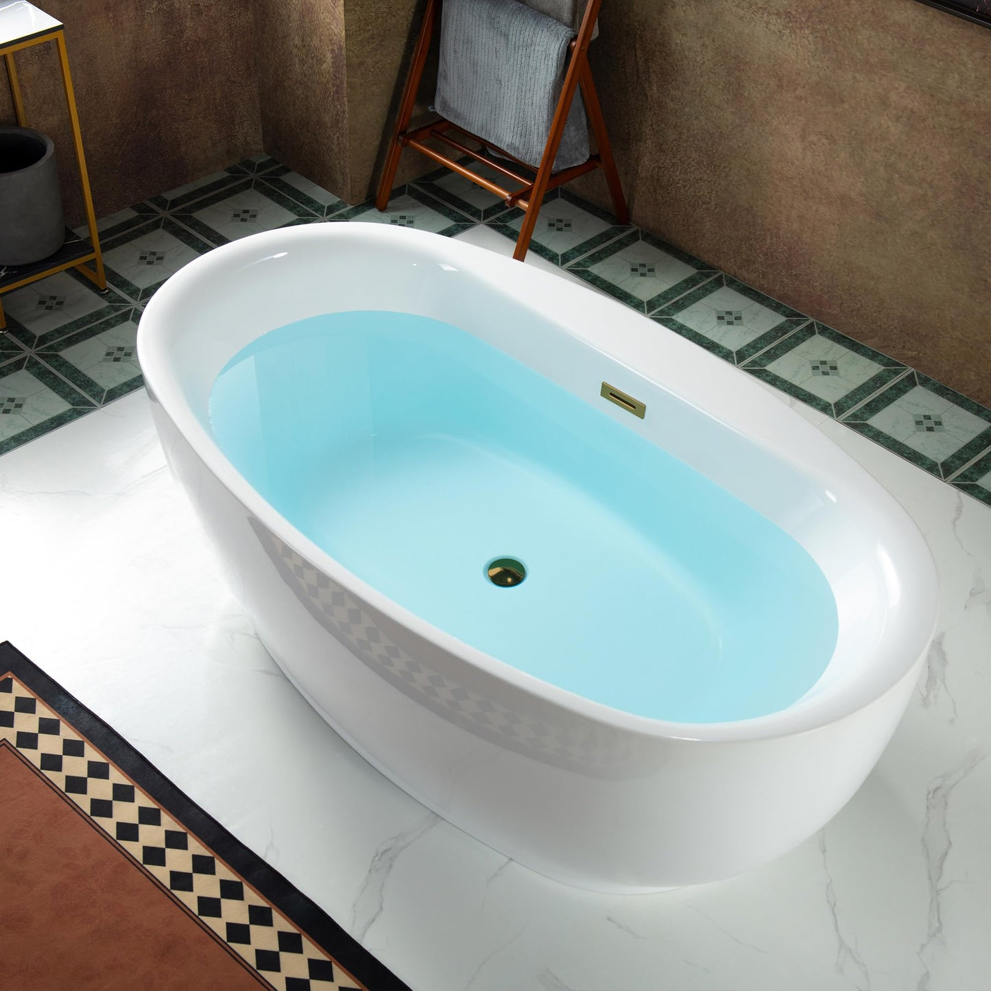 WOODBRIDGE 66" Acrylic Freestanding Bathtub Contemporary Soaking White Tub with Brushed Gold Overflow and Drain，B0027-BG