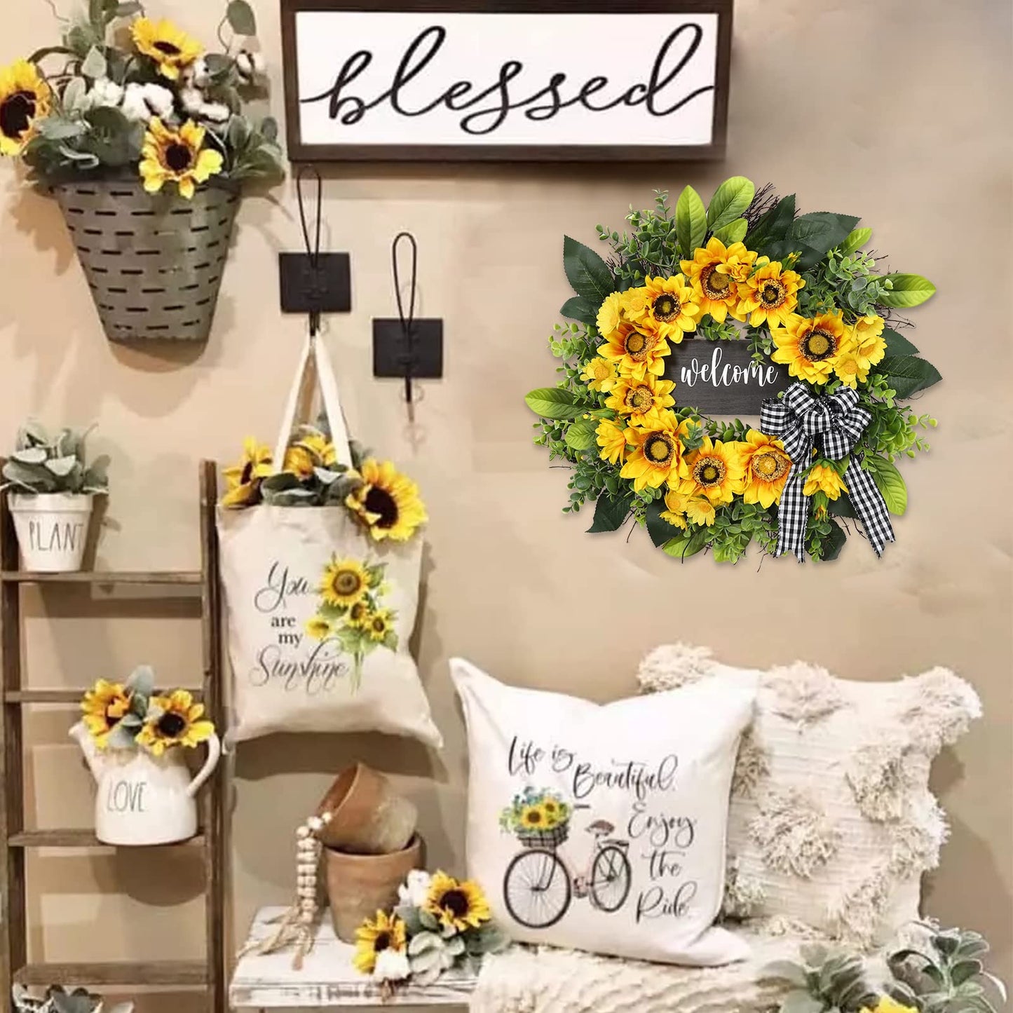 sunflower wreath with welcome,spring summer wreath for front door, unique housewarming gift,mother'day gift,farmhouse porch decor,sunflower wall decor,wedding favors,year round wreaths-20inch