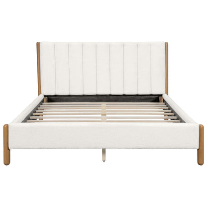 Ball & Cast Queen Size Bed Frame with Thick Boucle Upholstered Headboard, Solid Wood Legs, No Box Spring Needed Platform Bed, Underbed Storage Space,White