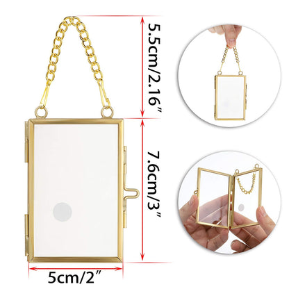 JUXYES 4 Pack Mini Brass Floating Frames Ornaments With Hanging Chain - Double Glass Tiny Picture Display Frame - Gold Wallet Size Floater Style Gallery Wall Frame for Pressed Flowers, Vertical