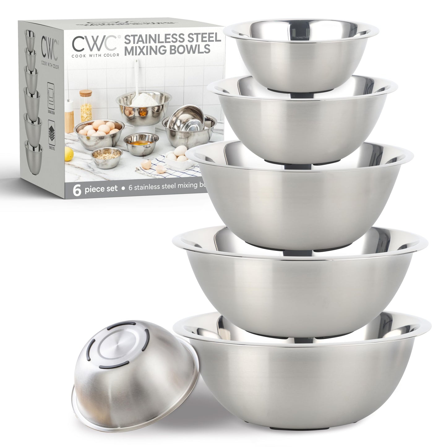 COOK WITH COLOR Stainless Steel Mixing Bowls Set - Nesting Bowls, 6 Pieces, Silver with Non Slip Bottom