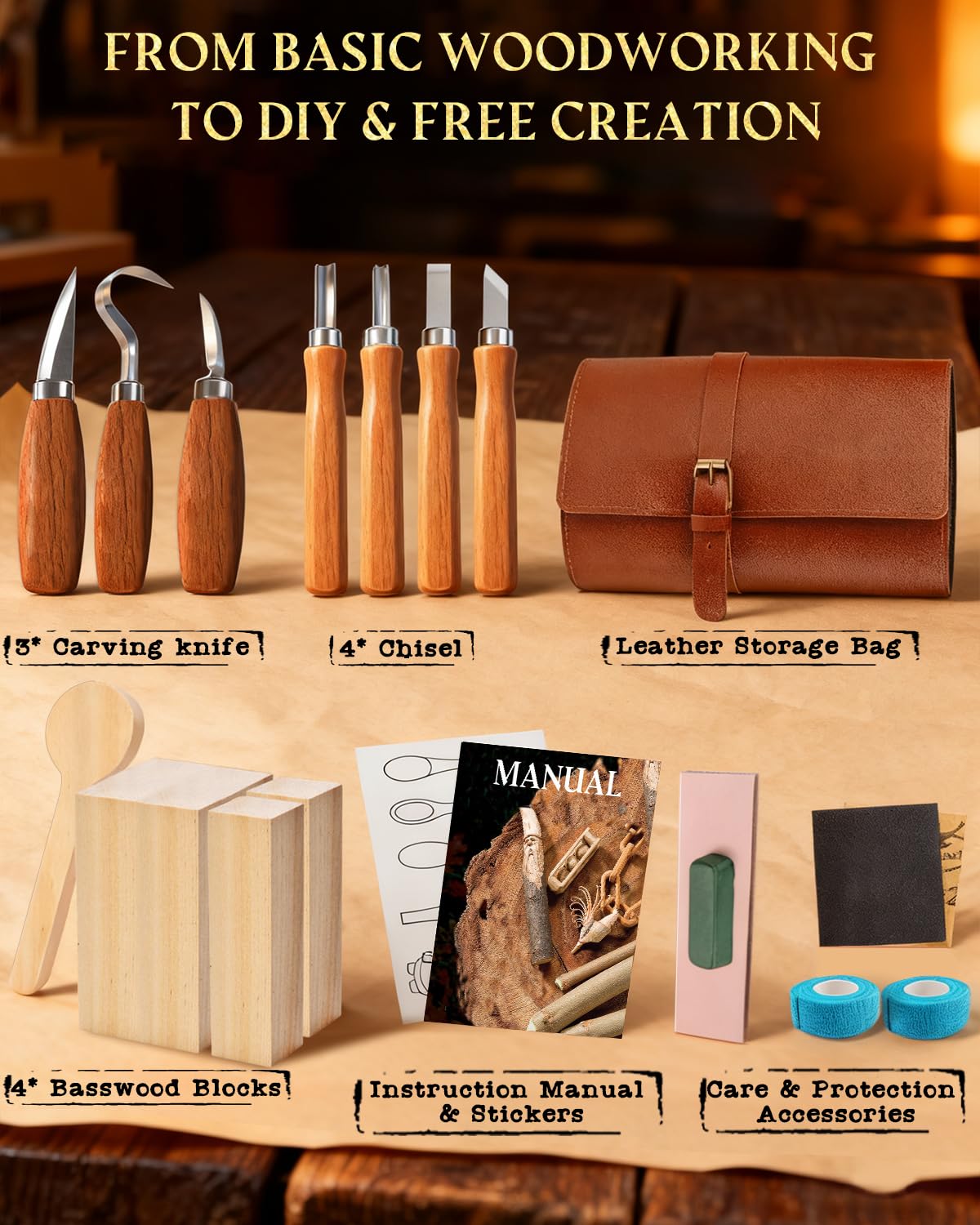 Wood Carving Kit Whittling Kit: Deluxe Wood Carving Tools Knife Set with Leather Case - Woodworking Hobby Kit for Beginners Adults Kids - DIY Art Craft Gift for Men Teens