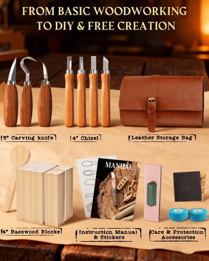 Wood Carving Kit Whittling Kit: Deluxe Wood Carving Tools Knife Set with Leather Case - Woodworking Hobby Kit for Beginners Adults Kids - DIY Art Craft Gift for Men Teens