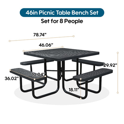 Sunnibety 8-Person Picnic Tables for Outdoors, Industrial 46" Expanded Metal Square Picnic Table with 4 Benches & Umbrella Hole, Outside Table and Bench Set for Garden, Backyard, Porch, Patio, Black