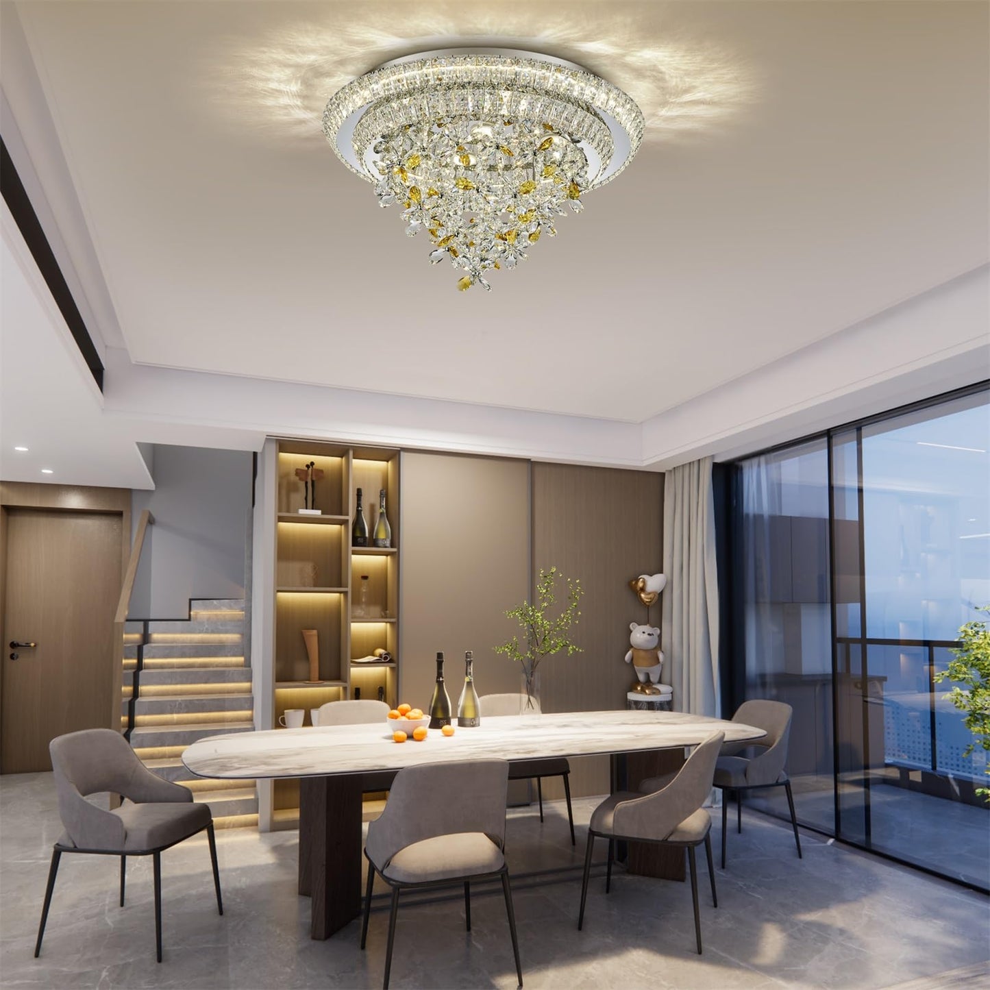 24 inch Sliver LED Crystal Ceiling Light, Flush Mount Chandeliers with Remote and APP Control, 3CCT Dimmable, Modern Elegant Raindrop Chandelier Light Fixture for Bedroom Dining Room Living Room Foyer