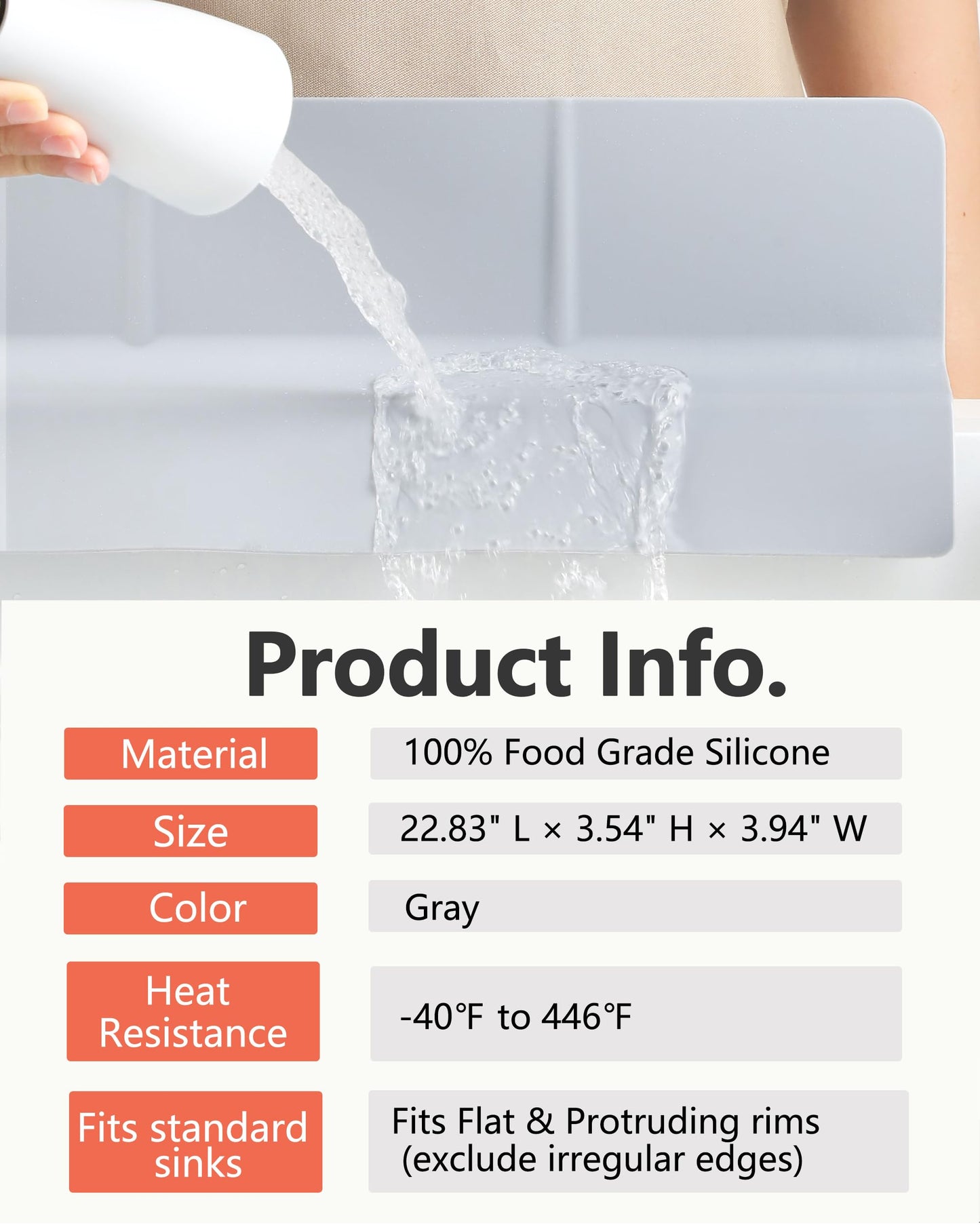 Akrelyan Kitchen Sink Splash Guard 23" 18" Self-Draining Silicone Water Guard with High Splash Wall & Strong Suction Cups for Faucet, Countertop & Sink Edge, Keeps Sinks Dry, Dishwasher Safe, Gray